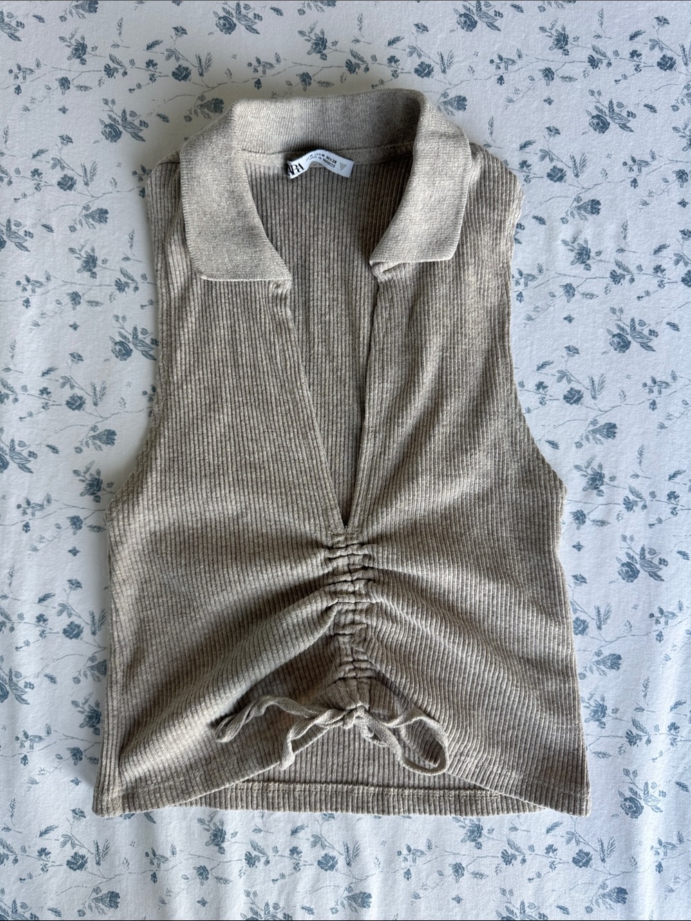 Zara Beige Ribbed Polo Drawstring Tank Top